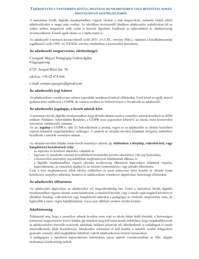 ADATKEZELÉSI TÁJÉKOZTATÓ